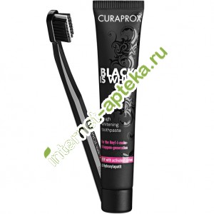 Курапрокс Black Is White Набор (Зубная паста отбеливающая Вкус Лайма 90 мл + Зубная щетка ультрамягкая Ultra Soft CS5460 Черная) (Curaprox)