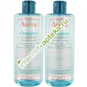 Авен Клинанс Вода мицеллярная для проблемной кожи НАБОР 2 упаковки по 400 мл Avene Cleanance Eau micellaire Micellar water (С78587)